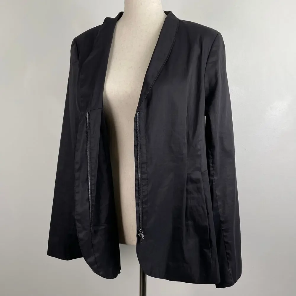 Eileen Fisher Polished Ramie Silk Stretch Jacket Blazer Zip Front Fitted Black L